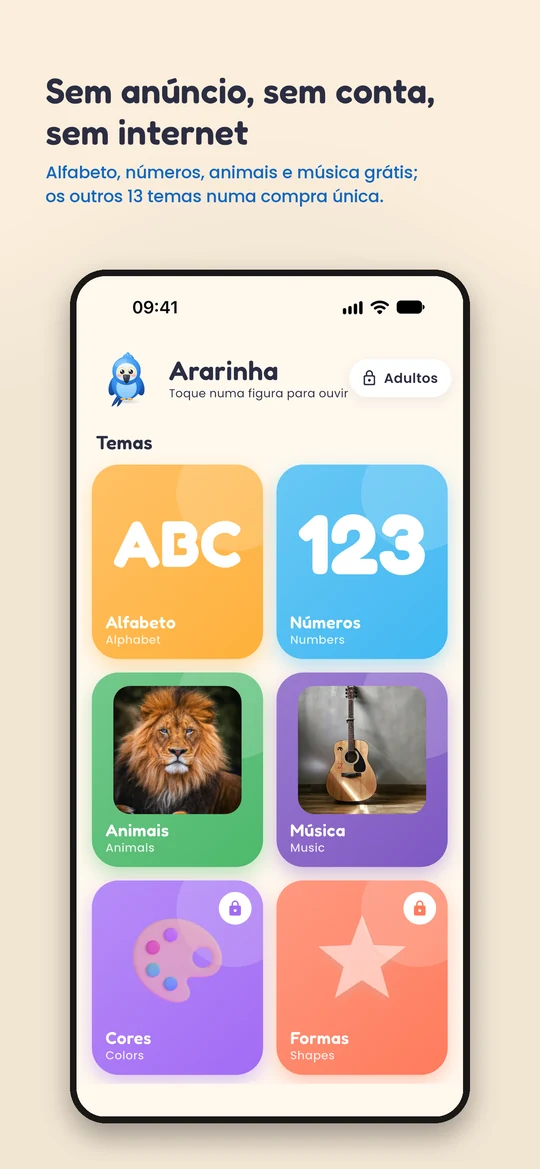 A estante de temas: alfabeto, números, animais e música abertos, e os outros com cadeado
