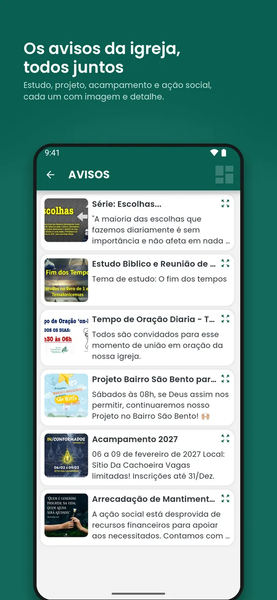 Avisos da igreja: estudo, projeto social, acampamento, cada um com imagem e detalhe