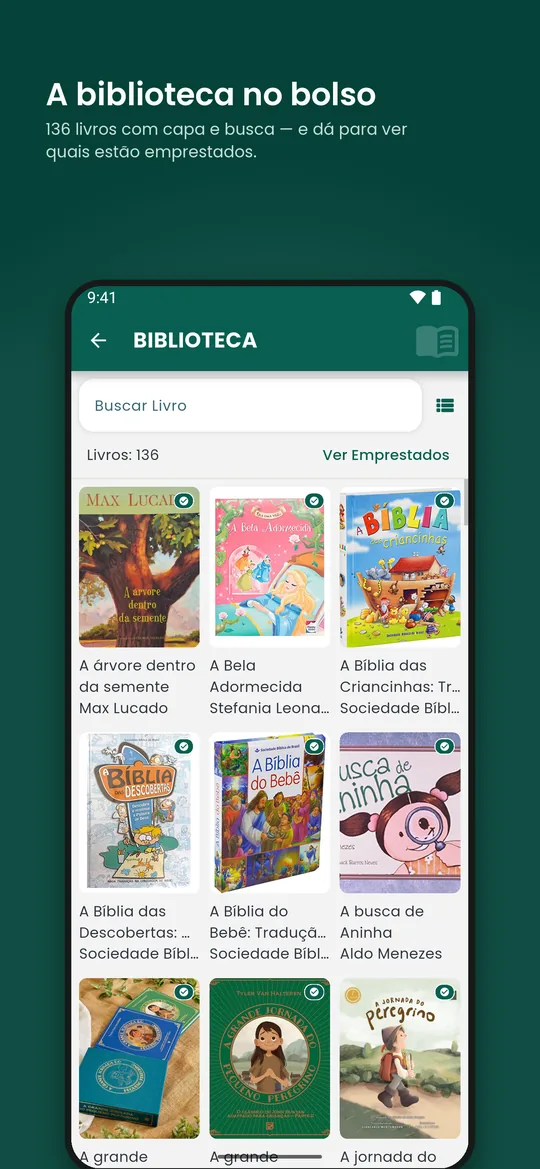 Biblioteca: o acervo com capa, busca e os livros emprestados