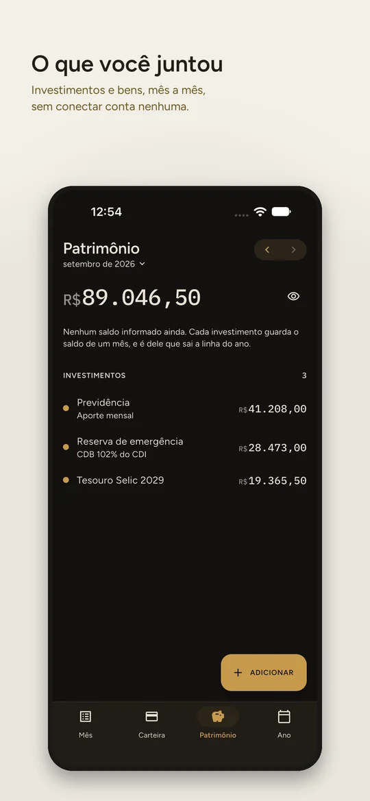 Patrimônio: investimentos e bens, mês a mês